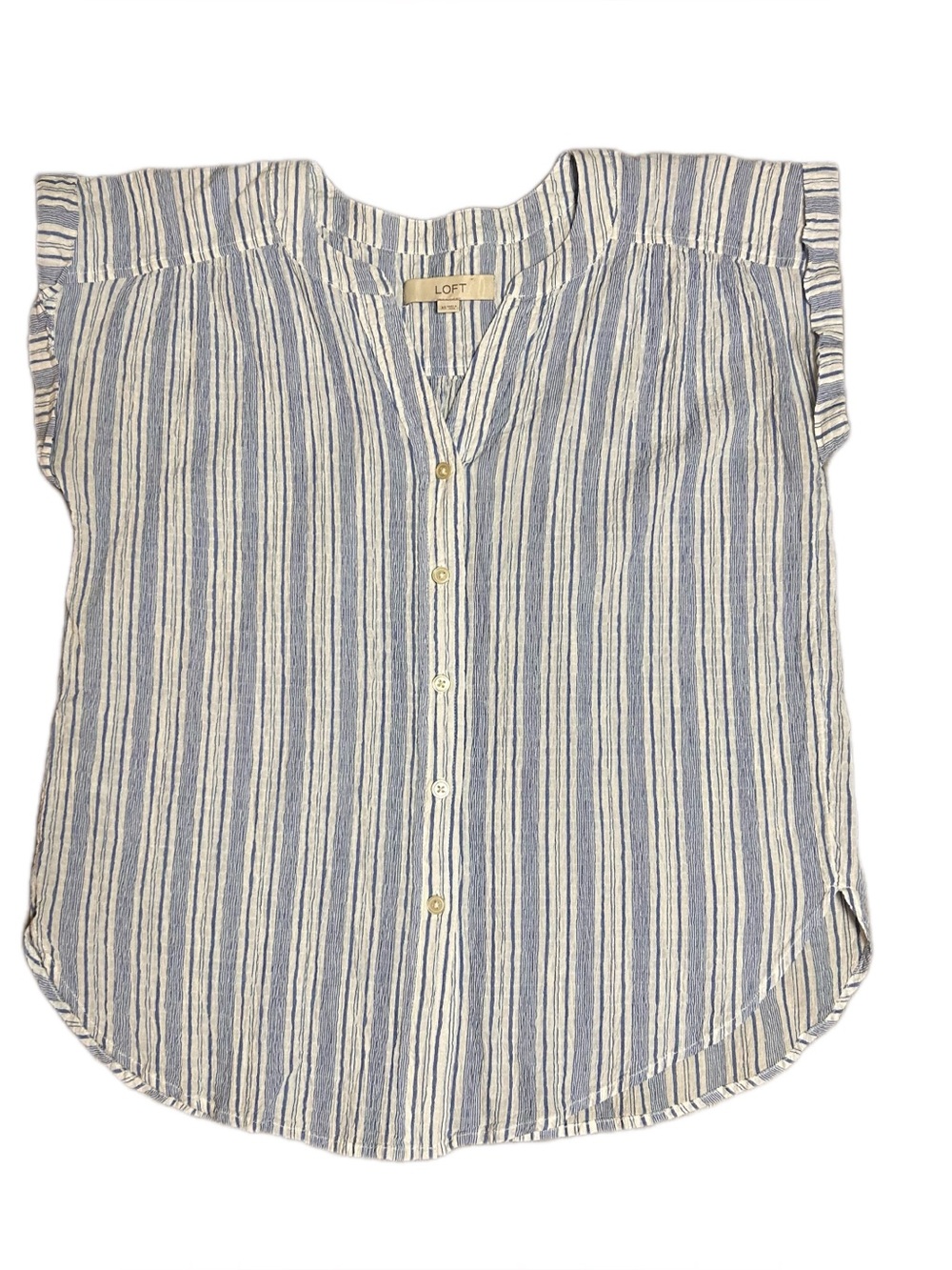 LOFT White and Blue Vertical-Stripe Button Down Top